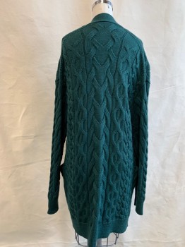 WILFRED, Dk Green, Wool, Solid, Cable Knit, Open Front, Long Sleeves, 2 Pockets, Ribbed Knit Lapel/Waistband/Cuff