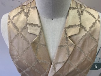 Mens, Historical Fiction Vest, ARAYA COSTUME CO, Gold, Silk, Acetate, Leaves/Vines , Diamonds, XL, Leafy Vine Diamond Pattern Brocade, 4 Self Covered Button Front, Notched Lapel, Belted Tab Back