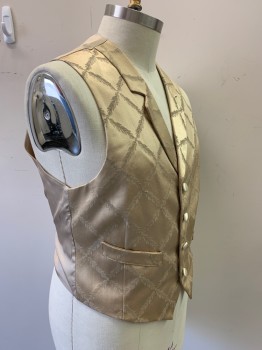 Mens, Historical Fiction Vest, ARAYA COSTUME CO, Gold, Silk, Acetate, Leaves/Vines , Diamonds, XL, Leafy Vine Diamond Pattern Brocade, 4 Self Covered Button Front, Notched Lapel, Belted Tab Back