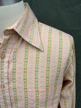 ELIOT, Pink, Cream, Lt Blue, Goldenrod Yellow, Cotton, Synthetic, Stripes, Geometric Stripe, Button Front, Pointy Collar Attached, Long Sleeves, Button Cuff, 2 Pockets,