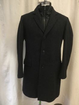 Mens, Coat, Overcoat, HUGO BOSS, Charcoal Gray, Wool, Polyamide, Stripes - Shadow, 40R, Button Front, Collar Attached, Notched Lapel, 4 Pockets, Long Sleeves, Solid Black Nylon Zip Detachable Collar/Front
