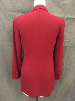 ANNE KLEIN, Dk Red, Wool, Solid, Long, Wool Crepe, Single Breasted, Collar Attached, Notched Lapel, 4 Pockets, 4 Buttons, Long Sleeves