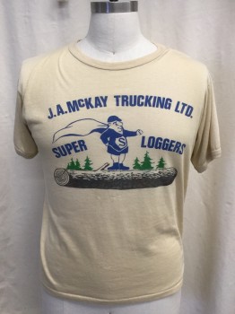 Mens, T-shirt, EVERGREEN, Tan Brown, Navy Blue, Green, Brown, Cotton, Polyester, Graphic, L, Crew Neck, Short Sleeves, J.A.McKAY TRUCKING LTD. Cool Graphic of Shlub in a Cape on a Log, Think Pilly a Few Small Snags and Stains Aged
