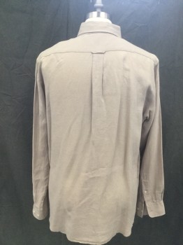 FACONNABLE, Lt Brown, Linen, Solid, Button Front, Collar Attached, Long Sleeves, Button Cuff, 1 Pocket