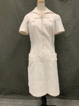 MTO, Eggshell White, Cotton, Solid, Vintage, 1/2 Zip Front, Wing Collar Attached, Short Sleeves, 2 Hip Pockets with Button Detail, Yoke Front with Tab Button Detail, Knee Length, Multiple