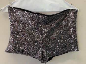 Womens, Shorts, ALYTHEA, Silver, Black, Synthetic, Sequins, Solid, L, Stretchy, Tiny Sequins, Lined, Elastic Waist, Club, Hot Pants