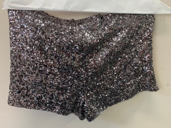 Womens, Shorts, ALYTHEA, Silver, Black, Synthetic, Sequins, Solid, L, Stretchy, Tiny Sequins, Lined, Elastic Waist, Club, Hot Pants