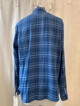 FAHERTY, Dk Blue, French Blue, Cotton, Plaid, Flannel, Button Front, Collar Attached, Long Sleeves, Button Cuff, 2 Patch Pockets with Buttons