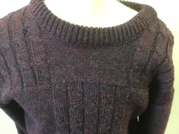 JOHN HENRY, Plum Purple, Wool, Heathered, Cable Knit, Crew Neck, Long Sleeves, Pullover, Blocks of Cable Knit Squares on Front