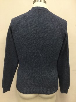 Mens, Pullover Sweater, GANT, Blue, Cotton, Heathered, XS, Raglan Long Sleeves, Ribbed Knit Crew Neck, Ribbed Knit Cuff/Waistband