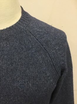 Mens, Pullover Sweater, GANT, Blue, Cotton, Heathered, XS, Raglan Long Sleeves, Ribbed Knit Crew Neck, Ribbed Knit Cuff/Waistband