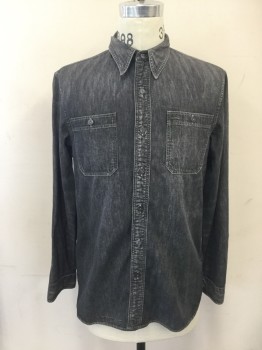 RR RALPH LAUREN, Charcoal Gray, Cotton, Solid, Gray Denim, Button Front, Collar Attached, Long Sleeves, 2 Pockets