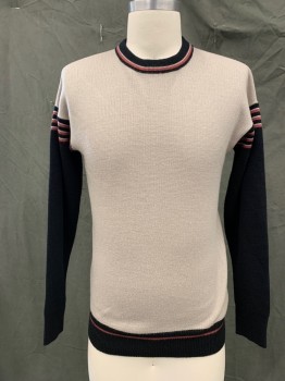 PURITAN, Tan Brown, Acrylic, Color Blocking, Stripes, Sleeves/Neck/Waistband All Black with Mauve and White Stripes, Ribbed Knit Collar/Cuff/Waistband