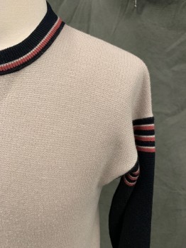 PURITAN, Tan Brown, Acrylic, Color Blocking, Stripes, Sleeves/Neck/Waistband All Black with Mauve and White Stripes, Ribbed Knit Collar/Cuff/Waistband