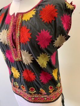 Womens, Top, RHAPSODIA, Charcoal Gray, Red, Magenta Pink, Beige, Yellow, Cotton, Geometric, B:36, Charcoal with Colorful Embroidered Starbursts, Flowers, Etc,  Sleeves Cut Off, Scoop Neck with Button Placket, Missing All But 1 Button, Drawstring at Hem, North African "Style"