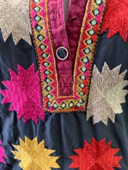 Womens, Top, RHAPSODIA, Charcoal Gray, Red, Magenta Pink, Beige, Yellow, Cotton, Geometric, B:36, Charcoal with Colorful Embroidered Starbursts, Flowers, Etc,  Sleeves Cut Off, Scoop Neck with Button Placket, Missing All But 1 Button, Drawstring at Hem, North African "Style"