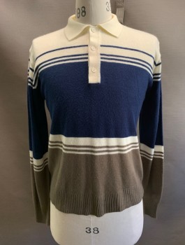 SUTTON PLACE, Off White, Navy Blue, Brown, Acrylic, Stripes, L/S, 3 Buttons, Collar Attached,