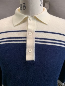 SUTTON PLACE, Off White, Navy Blue, Brown, Acrylic, Stripes, L/S, 3 Buttons, Collar Attached,