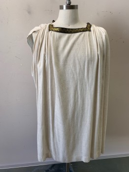 Mens, Historical Fiction Tunic, N/L MTO, Ecru, Linen, Solid, O/S, Black and Gold Metallic Trim at Square Neckline, Sleeveless, Gathered at Shoulders, Hem Above Knee, Made To Order, **Stains at Hem