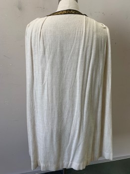 N/L MTO, Ecru, Linen, Solid, Black and Gold Metallic Trim at Square Neckline, Sleeveless, Gathered at Shoulders, Hem Above Knee, Made To Order, **Stains at Hem