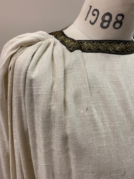 Mens, Historical Fiction Tunic, N/L MTO, Ecru, Linen, Solid, O/S, Black and Gold Metallic Trim at Square Neckline, Sleeveless, Gathered at Shoulders, Hem Above Knee, Made To Order, **Stains at Hem