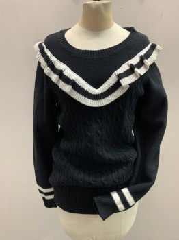 Womens, Pullover, TOMMY HILFIGER, Black, White, Cotton, Solid, Stripes, M, Round Neck, Striped Ruffle Applique in V in Front and Around Back Arm-eyes. Cable Knit Front Panel, Striped Bands at Cuffs