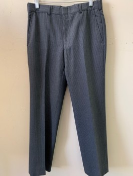 Mens, 1970s Vintage, Suit, Pants, CHRISTIAN DIOR, Blue-Gray, White, Wool, Stripes - Vertical , 30/30, F.F, Slash Pockets, Belt Loops