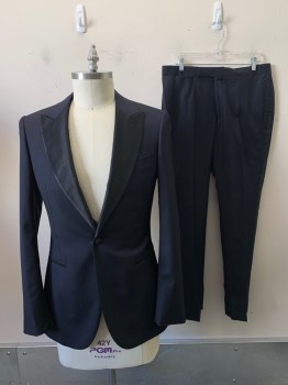 SUIT SUPPLY, Midnight Blue, Black, Wool, Solid, Single Button, Peaked Lapel, 3 Pockets,