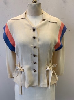 Womens, Blouse, Letty Doyt, Beige, Coral Orange, Blue, Rayon, Stripes, 34, L/S, Button Front,, C.A., Pleated Bottoms, Waist Ties