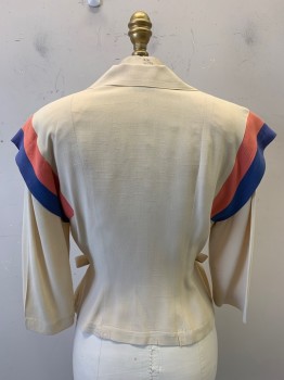 Womens, Blouse, Letty Doyt, Beige, Coral Orange, Blue, Rayon, Stripes, 34, L/S, Button Front,, C.A., Pleated Bottoms, Waist Ties