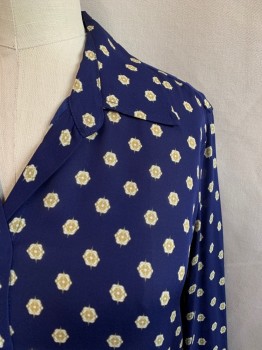Womens, Blouse, L'AGENCE, Dk Blue, Antique Gold Metallic, White, Silk, Geometric, Floral, B36, Collar Attached, Long Sleeves, Button Front, Inverted Pleat at Back