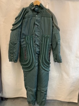Mens, Jumpsuit, NL, Olive Green, Synthetic, Solid, 46/48, C.A. with Tab & Snaps, Zipper & Snap Front, Quilting/ Ribbon/Lacing/Cording Trim On Body & Sleeves, 2 Zip Pckts, Elastic Cuff
