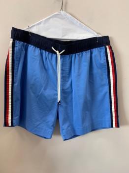 Mens, Swim Trunks, TOMMY HILFIGER, Blue, Navy Blue, Red, White, Polyester, Color Blocking, XL, Elastic Waist Band With D String, Side Pockets,