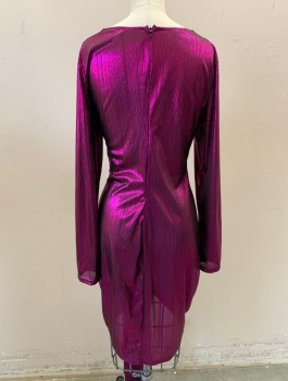 NL, Magenta Pink, Black, Polyester, Rayon, Stripes - Vertical , V-neck, Long Sleeves, Ruched Skirt with Draped Fabric That Hangs Lower Than Hem, Zip Back