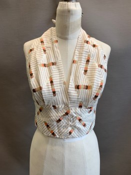 SPECIALTY HOUSE INC, Off White, Brown, Multi-color, Polyester, Stripes, Circles, Crop, Halter Top, 4 Buttons, Graphic Line And Circle Print, *Back Smocking Elastic Stretched Out