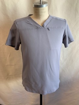 JAANUU, Gray, Polyester, Rayon, Solid, V-neck, Short Sleeves, I Zipper Pocket on Chest, Small Elastic on Sides of Hems