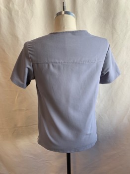 JAANUU, Gray, Polyester, Rayon, Solid, V-neck, Short Sleeves, I Zipper Pocket on Chest, Small Elastic on Sides of Hems