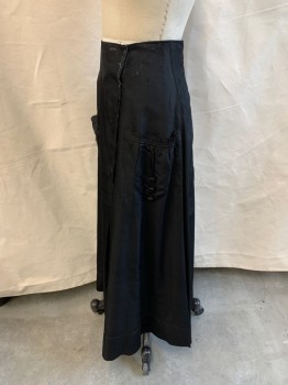 NL, Black, Synthetic, A-Line, Hook & Eye at Left Front,  2 Pockets with Fabric Covered Buttons, Hole at Right Pocket, Tears at Left Back Near Seam, Floor Length Hem, Two Tuck Pleat at Front