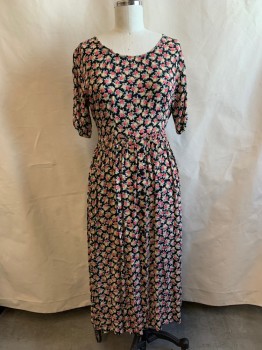 Womens, Dress, PUTUMAYO, Pink, Multi-color, Rayon, Floral, W34, B36, Round Neck, S/S, Buttons on Skirt, Ties at Waist, Pink and Yellow Flowers, Black BG, *Tear at Right Neck*