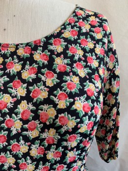 PUTUMAYO, Pink, Multi-color, Rayon, Floral, Round Neck, S/S, Buttons on Skirt, Ties at Waist, Pink and Yellow Flowers, Black BG, *Tear at Right Neck*