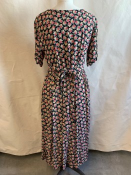 Womens, Dress, PUTUMAYO, Pink, Multi-color, Rayon, Floral, W34, B36, Round Neck, S/S, Buttons on Skirt, Ties at Waist, Pink and Yellow Flowers, Black BG, *Tear at Right Neck*