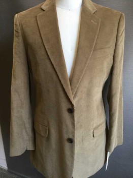 Mens, Sportcoat/Blazer, STAFFORD, Lt Brown, Cotton, Solid, 40 L, SB. Pinwale Corduroy, Notched Lapel, 2 Buttons,  3 Pockets, Bias Elbow Patches