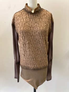 N/L, Lt Brown, Bronze Metallic, Polyester, Spandex, Textured Fabric, Stand Collar,  with Suede Trim Metal Studs, Cracked, Self Abstract Sleeves, Bottom  Leotard , CB Zip