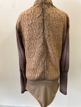 N/L, Lt Brown, Bronze Metallic, Polyester, Spandex, Textured Fabric, Stand Collar,  with Suede Trim Metal Studs, Cracked, Self Abstract Sleeves, Bottom  Leotard , CB Zip