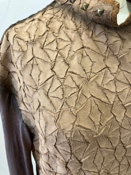 Womens, Sci-Fi/Fantasy Top, N/L, Lt Brown, Bronze Metallic, Polyester, Spandex, Textured Fabric, B36, Stand Collar,  with Suede Trim Metal Studs, Cracked, Self Abstract Sleeves, Bottom  Leotard , CB Zip