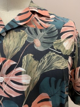 Mens, Hawaiian Shirt, SATURDAYS NY CITY, Coral Pink, Dusty Black, Multi-color, Tencel, Hawaiian Print, XL, C.A., B.F., S/S, Slate Blue, Olive, And Beige Tropical Leaves