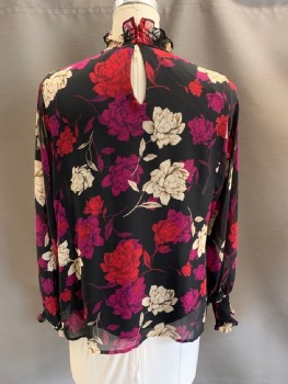 Womens, Blouse, VINCE CAMUTO, Black, Magenta Pink, Raspberry Pink, Lt Beige, Polyester, Viscose, Floral, L, Crepe, Mock Shirred Ruffle Neck/Cuffs, Sheer Dolman-type L/S, Key Hole Back W/2 Covered Btns, Viscose Elastane Attached Under Shirt