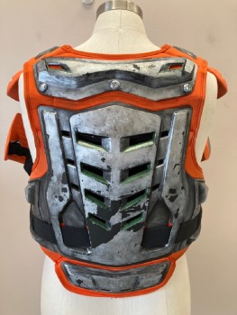 Mens, Breastplate, FOX, Orange, Dk Gray, Black, Plastic, Polyester, Abstract , L/XL, Raptor Vest, Front, Side, And Back Plates With Inside Padding, Flow-through Vents, Side Release Buckles,  Attached Bicep Shield,
