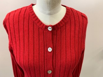 Womens, Sweater, KAREN SCOTT, Red, Acrylic, Cotton, Solid, S, Ribbed Knit, CN, B.F., 7 Abalone Btns, L/S
