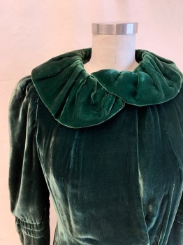 Womens, Historical Fiction Coat, NL, Emerald Green, Silk, Solid, B:32, Velvet, C.A., L/S, 2 Buttons, 1 Button at Neck, 1 Button at Waist, Ruffled Collar, Train Mended. Early 1800's